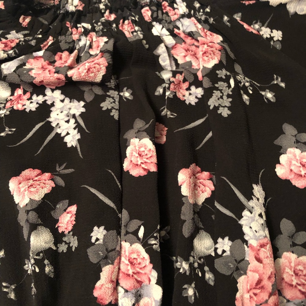 Floral Print Black Blouse with Pink Roses